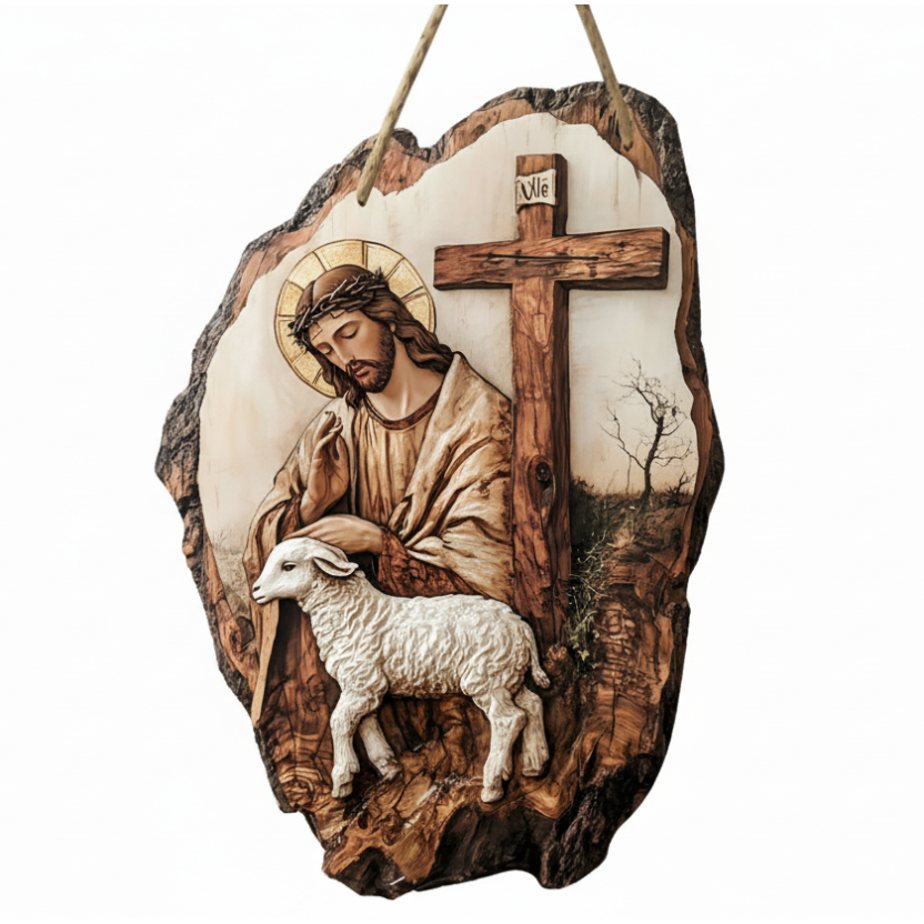 Wooden Jesus & Lamb Hanging Ornament
