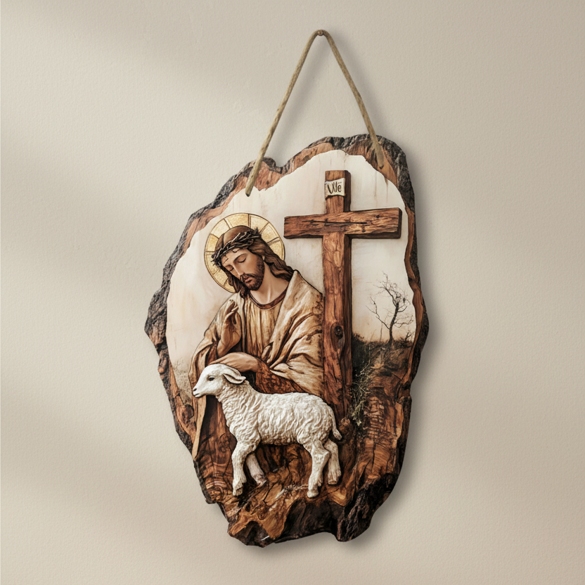 Wooden Jesus & Lamb Hanging Ornament